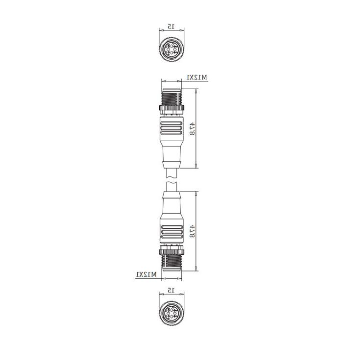 M12 4Pin D-coded、公头直型转公头直型、双端预铸PVC非柔性电缆、带屏蔽、黄色护套、0C4128-XXX