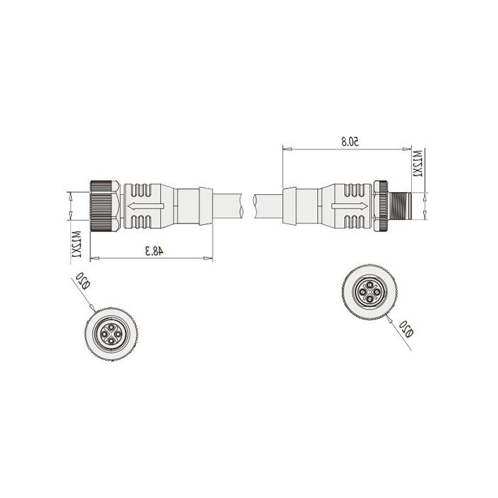 M12 4Pin S-coded、母头直型转公头直型、双端预铸PUR柔性电缆、黑色护套、64SD05-XXX