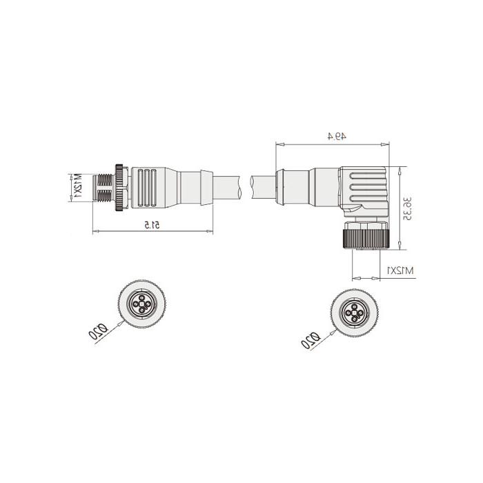 M12 4Pin T-coded、母头90°转公头直型、双端预铸PVC非柔性电缆、黄色护套、64TD43-XXX