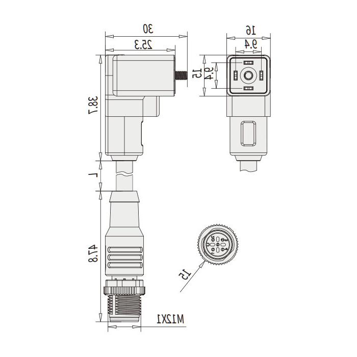 阀门插头类型C，工业，9.4 mm，4Pin/M12公头直型、双端预铸PVC非柔性电缆、灰色护套、6VC063-XXX